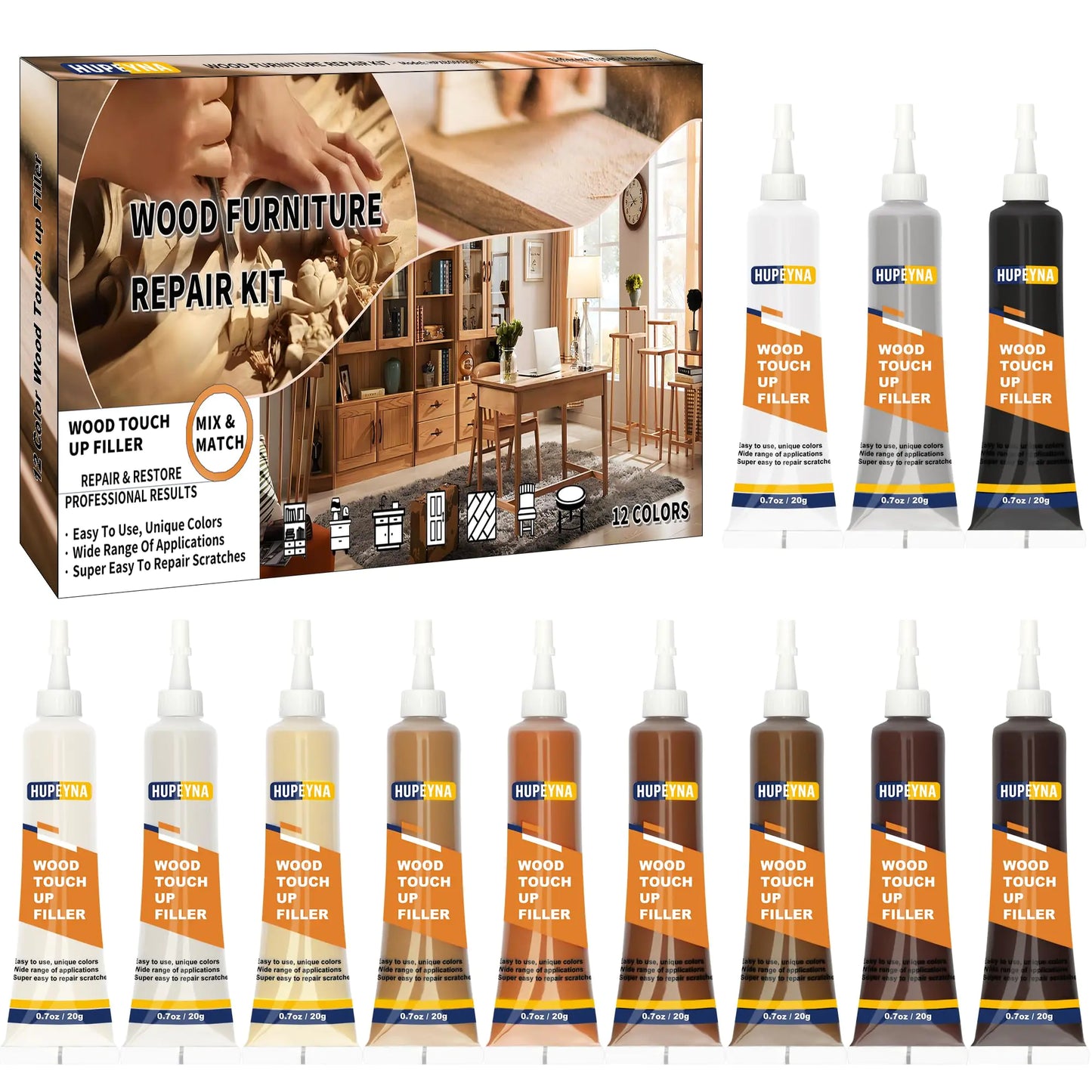 Wood Repair Kit 12 Color Wood Fillers Furniture Repair Kit Repair Scratch Cracks Stains Discoloration for Wood Furniture Door Cabinet Floor Table Surface Wood Touch up Filler Wood Paint